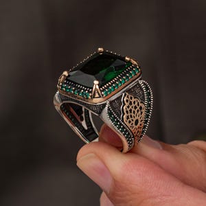 925 Sterling Silver Emerald Green Zircon Stone Men&#39;s Ring, Ottoman Style Statement Ring, Vintage Turkısh Handmade Jewellery Gift