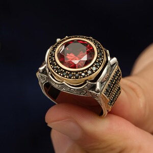 Handmade Sterling Silver Ruby Men&#39;s Ring, Ottoman Style Statement Ring, 925 Silver Gift For Him, Vintage Red Stone Ring