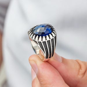 Sterling Silver Sapphire Men&#39;s Ring: Handmade Statement Jewelry