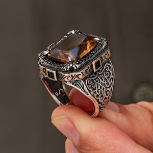 Anillo de plata de ley 925 para hombre con piedra color champán, anillo llamativo hecho a mano, joyería de plata de estilo vintage, regalo único para él.