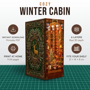 Printable Book Nook Kit Cozy Winter Log Cabin Christmas Diorama PDF. Stone Fireplace, Snowy Window Shelf Insert Decor.
