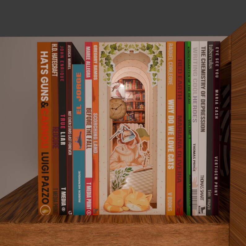 Puede incluir: Una estanter&iacute;a de madera con libros. Los lomos muestran t&iacute;tulos como "Hats Guns &", "Scorching Land" y "Why Do We Love Cats". Un recorte decorativo presenta una ilustraci&oacute;n de una persona leyendo con un gato.