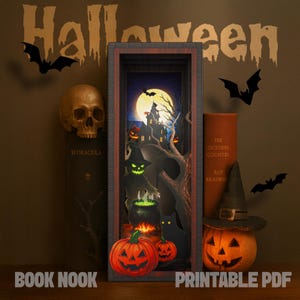 Puede incluir: Un rincón de libros con temática de Halloween con una escena espeluznante que presenta una bruja, calabazas y una casa embrujada bajo la luna llena. La escena está enmarcada por un borde similar a un ladrillo. Las palabras "Halloween", "Book Nook" y "Printable PDF" son visibles.