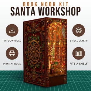Santa Workshop Book Nook Printable | DIY 3D Paper Diorama PDF | Christmas Elves Fairy Lights Bookshelf Decor | Holiday Digital Download Gift