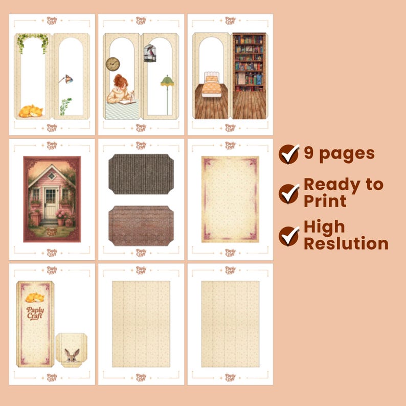 Puede incluir: Conjunto de arte digital imprimible de nueve p&aacute;ginas con varias ilustraciones, incluyendo una escena de lectura acogedora, una caba&ntilde;a y elementos decorativos. El conjunto incluye el texto "Ready to Print" y "High Resolution".