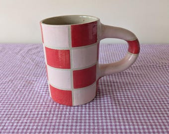 Handmade Ceramic Checkered Mug | Red & Pink Pottery | Ceramic Art | MADE TO ORDER