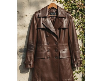 Women's Vintage Lapel Button Leather Long Jacket