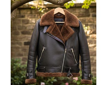 Women's Shearling Leather Jacket | Real Sheepskin Aviator Coat with fux Fur