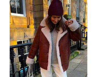 Women's Shearling Leather Jacket | Real Sheepskin Aviator Coat with fux Fur