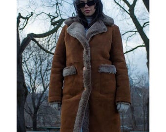 Vintage Brown Suede Penny Lane Coat: Sheepskin Fur Lined Afghan Trench