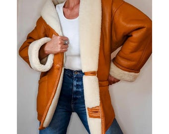 Handmade Tan Shearling Leather Jacket – 70s Lambskin Winter Coat