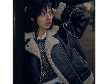 Black Leather B3 Aviator Jacket: Women's  Shearling Winter Coat, Warm Vintage Flight Style