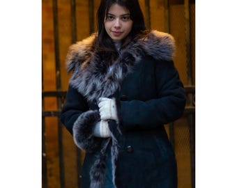 Mongolian Fur Trim Shearling Coat - Handmade Suede Afghan Coat