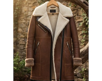 Women’s Shearling Sheepskin Leather Jacket | Brown Shearling Coat with Fur Collar | Winter Aviator Biker