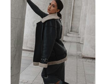 Black Shearling Aviator Coat – Oversized Real Leather Winter Jacket