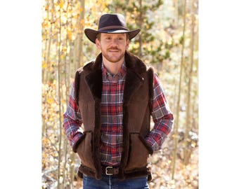Men's Cowboy Real Suede Brown Shearling Leather Vest: 90s Western Vintage Style