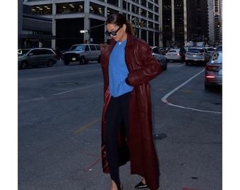90s Vintage Handmade Burgundy Leather Trench Coat, Classic Long Coat