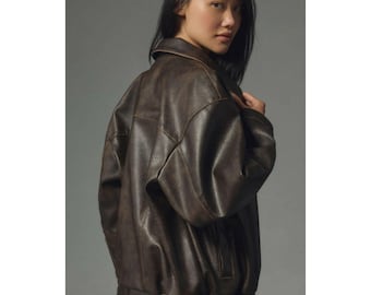 90s Oversized Distressed Brown Leather Jacket: Vintage Streetwear