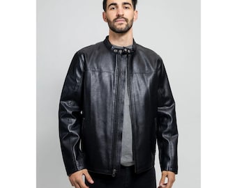 Men's Black Vegan Leather Biker Jacket: Perforated Moto Coat