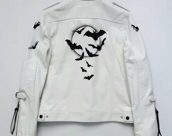 Handmade White Leather Biker Jacket: Halloween Bat & Skull Design