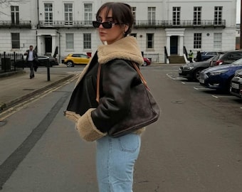 Vintage 1960s Leather Shearling Jacket , Cropped Aviator Bomber Style, Real SheepSkin, Retro Pilot Outerwear