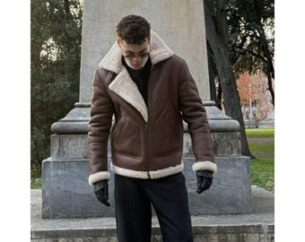 Men’s B3 Shearling Leather Jacket, Vintage Aviator Bomber Coat, Real Sheepskin Winter Jacket