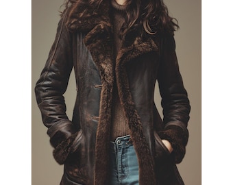 Handmade Shearling Sheepskin Leather Aviator Jacket - Brown Fur Collar