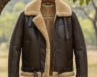 Handmade Mens Sheepskin B3 Bomber Jacket: Dark Brown Leather Aviator Coat