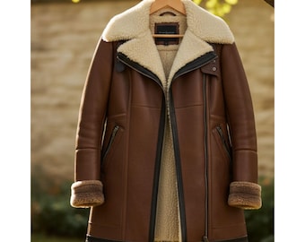 Women’s Brown Shearling Jacket | Real Sheepskin Leather Aviator Coat | Winter Fur Collar Biker Style