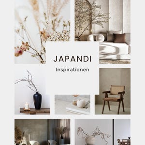 Könnte beinhalten: Ein Moodboard im Japandi-Stil mit Elementen der Innenarchitektur. Das Bild zeigt verschiedene Szenen mit neutralen Farbpaletten, darunter ein Wohnzimmer, ein Schlafzimmer und dekorative Objekte wie Vasen, Stühle und Trockenblumen.