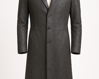 Grey Leather Raincoat For Men-Genuine Lambskin Leather Trench Coat For Men-Men's Slim Fit Leather Long Coat-Custom Leather Jacket For Men