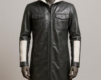 Grey Leather Raincoat For Men-Men's Hooded Leather Long Coat-Men's Stylish Long Leather Jacket-Men's Leather Trench Coat-Luxury Gift For Him