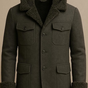 May include: A dark gray jacket with a faux fur collar and cuffs. The jacket has four front pockets and a button-up closure. The jacket is made of a wool-like material and has a classic, timeless design.