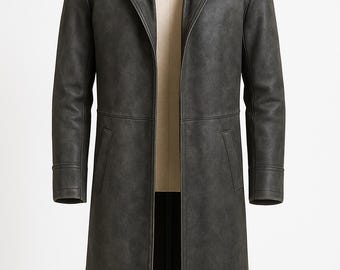 Handcrafted Grey Leather Trench Coat For Men-Men's Leather Long Coat-Hooded Leather Raincoat For Men-Men's Distressed Long Leather Jacket