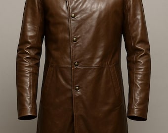 Men's Brown Leather Raincoat-Handmade Leather Trench Coat For Men-Genuine Sheepskin Leather Long Coat For Men-Long Leather Jacket For Men