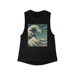 Japanese Hokusai Tired Rabbit Tank Top for Women, Flowy Scoop Muscle Shirt, Katsushika Hokusai Bunny Sleeveless Tee, Japan Artistic Vest,