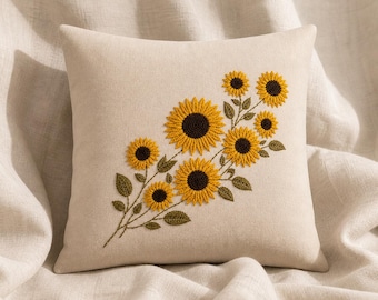 Hand Embroidered Sunflower Cushion Cover, Cotton Floral Pillow, Minimal Boho Decor