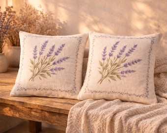 Funda de cojín de lavanda bordada a mano, almohada floral estilo granja