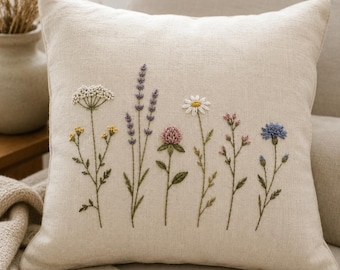 Funda de cojín floral bordada a mano / Almohada de mezcla de algodón y lino / Decoración escandinava