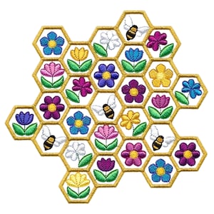 May include: Embroidered honeycomb design with colorful flowers and bees. The flowers are in shades of blue, purple, pink, and yellow, with green leaves. The bees have black and yellow stripes and white wings. The honeycomb is outlined in gold.