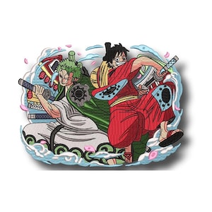 May include: Embroidered patch featuring two anime characters in dynamic poses, wielding swords. One character wears red, the other white and green. The patch is surrounded by blue and pink decorative elements.