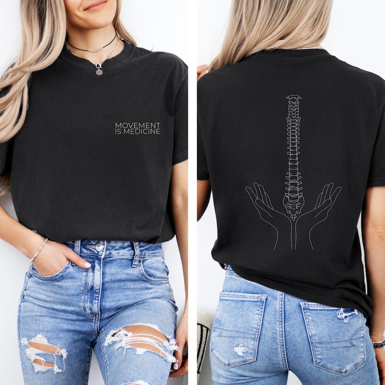 Movement is Medicine Shirt, Physiotherapy T-Shirt with Spine Print, Chiropractor Gift, Yoga & Pilates Clothing image 1