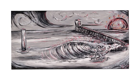 Surfer Girl Beach scene with surfboard giclee on canvas