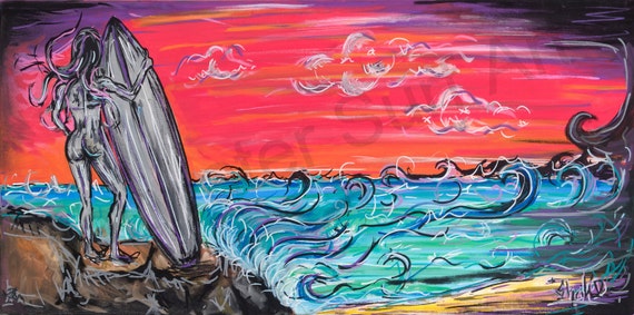 Autumn Surfer Girl on Rock 12 x 24 canvas print