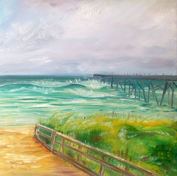 Swell at Kure Beach Pier. 18x18 Original Oil Painting by Sheila Faye