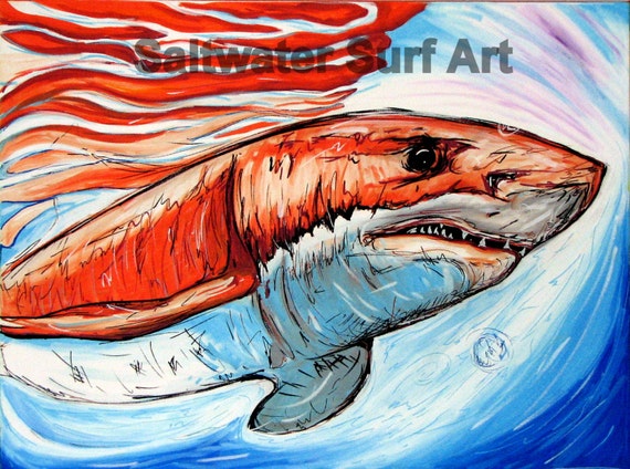 Unlikely Allies, Great White Shark Environmental Art 18x24 giclee canvas print