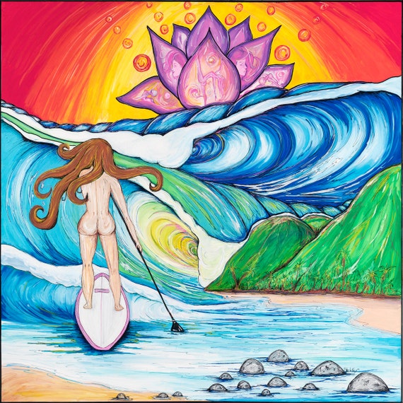 Lotus Paddler, 24x24 Limited Edition Giclee Canvas Print by Sheila Faye