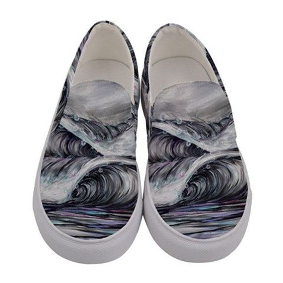 Surf Art Shoes, Frothy Waves, Canvas Slip on Custom Shoes