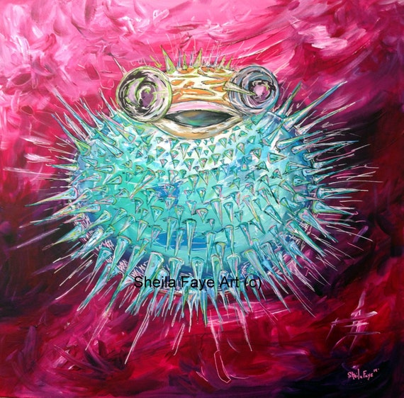 Pufferfish Acrylic Painting, 12x12 Fine art Print