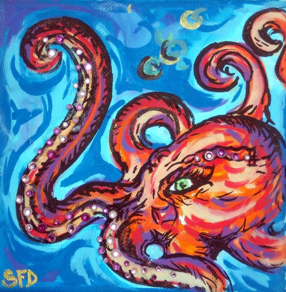 Little Octopus Painting 6 x 6 giclee print on fine art paper